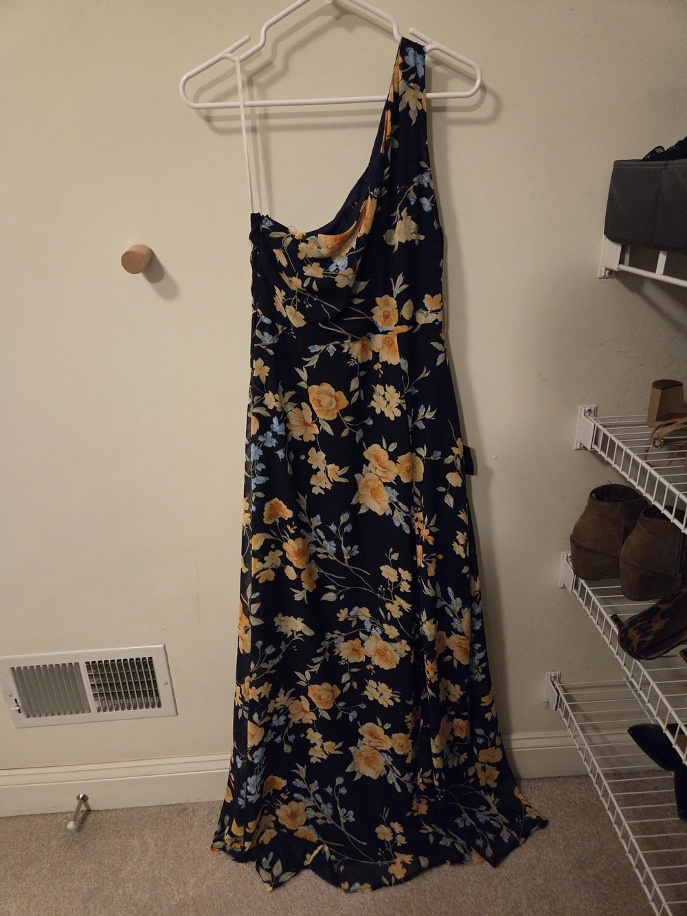 Lulu's Navy One-Shoulder Floral Maxi Dress with Yellow Blooms